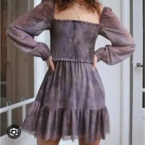 Aritzia Wilfred Tempest Mini Dress Sizes L Print Smocked Square Neck Stretch - Picture 6 of 9